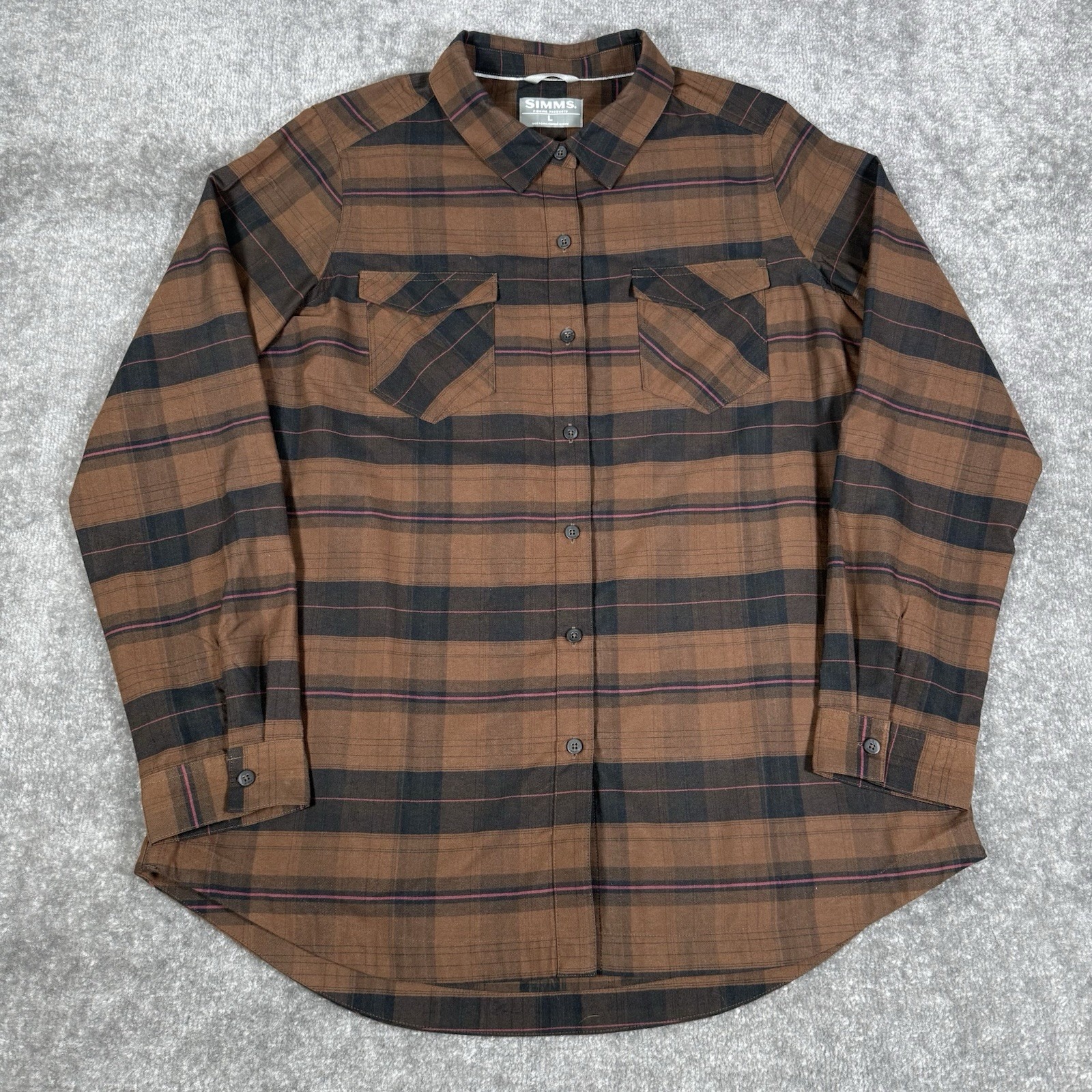 Simms Shirt Women's Large Brown Plaid Flannel Long Sleeve Button Up Fishing